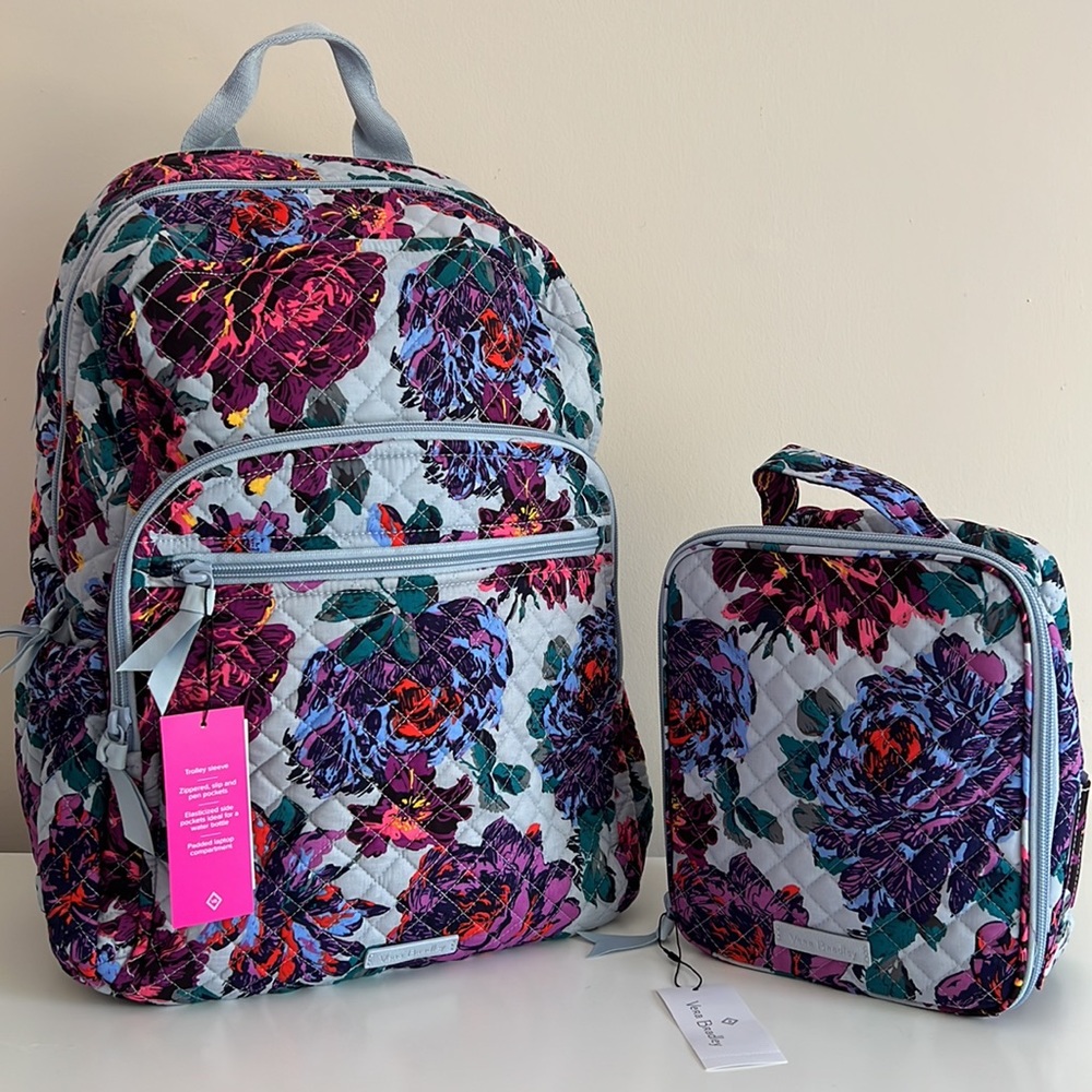 BUNDLE Vera Bradley Neon Blooms Campus Backpack and lunch bunch bag 2 pc set - Picture 3 of 6